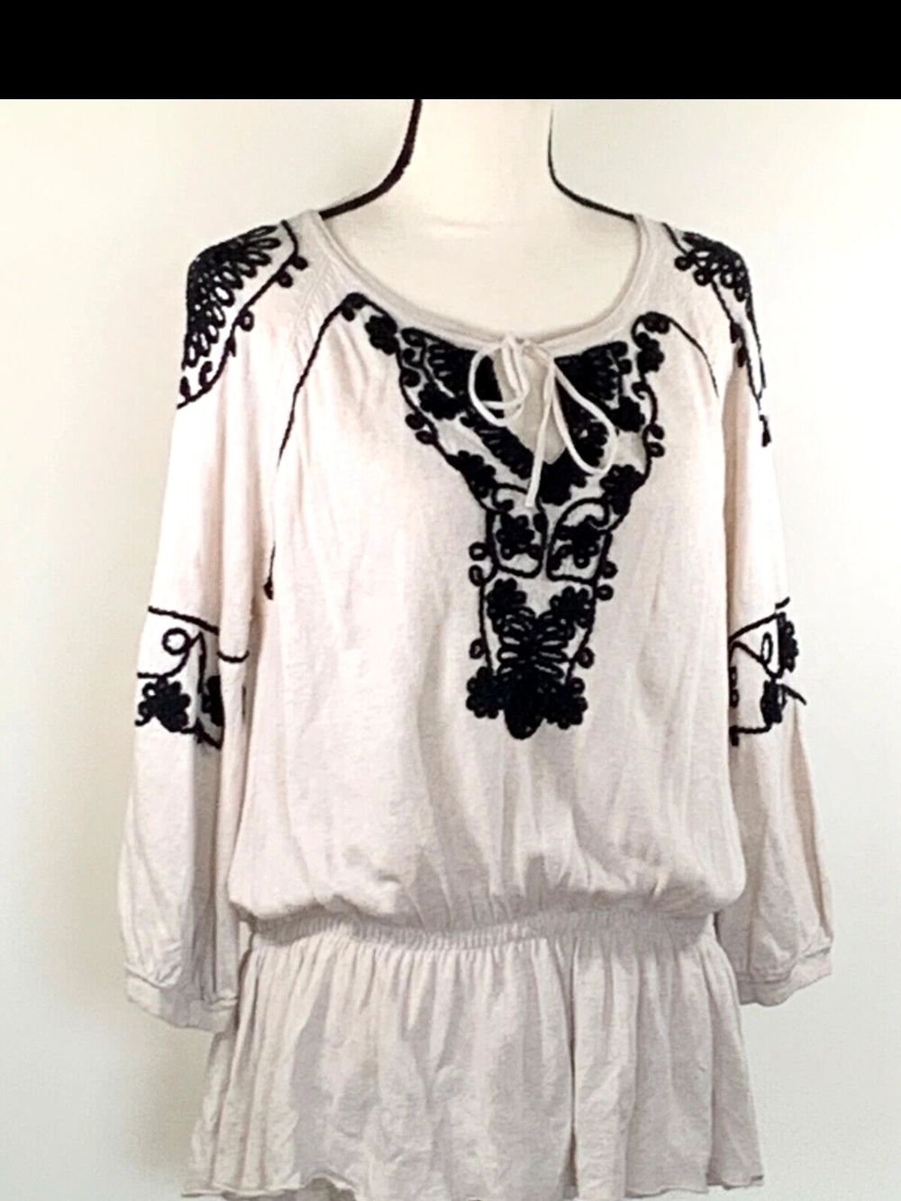 VENINI Cream Tunic with Black Embroidered Yoke and Sleeve Detail Size L